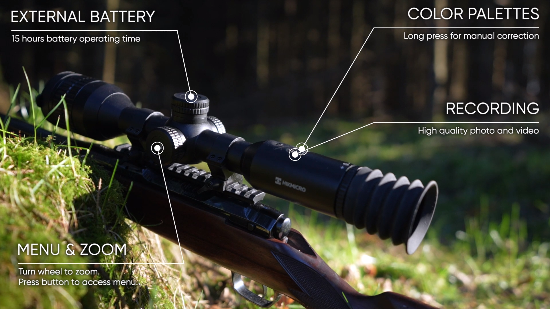 Hikmicro Stellar SH35 & SH50 Thermal Riflescope highlighting the external battery, colour palettes, menu & zoom, and the recording wheels or knobs.